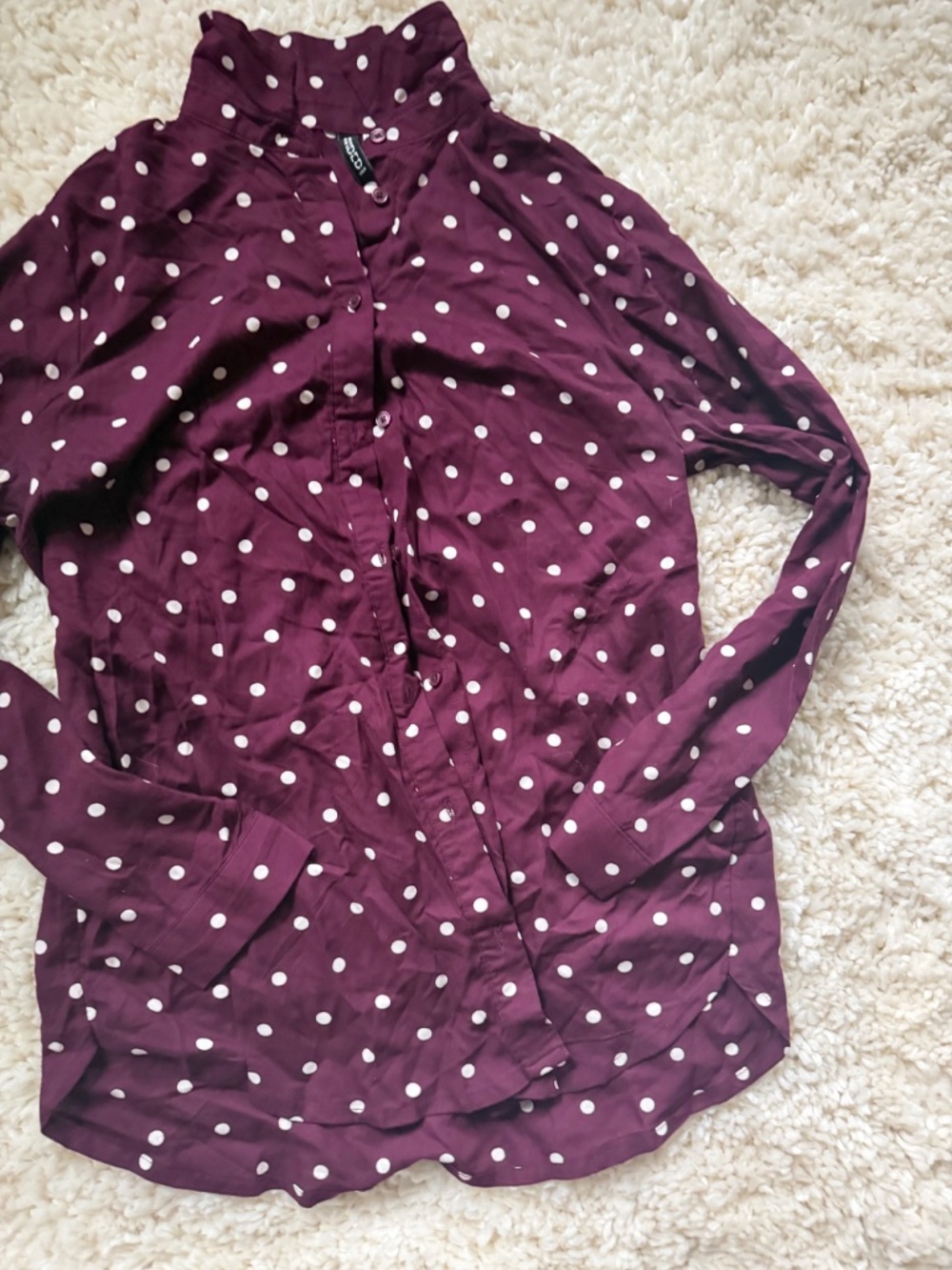 Divided H&M spring long sleeve cute outfit button down Maroon Polka Dot Blouse b - Picture 3 of 4